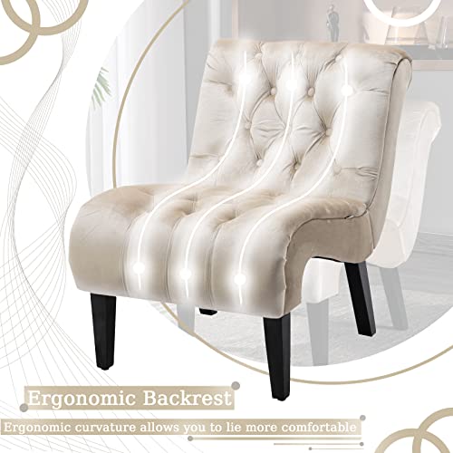 Comfy Velvet Accent Chair, Tufted Armless Side Chair with Rolled Edge | Modern Small Lounger for Living Room, Upholstered Reading Chaise Lounge with Solid Rubber Wood Legs, Beige - color: Beige, size: Set of 1