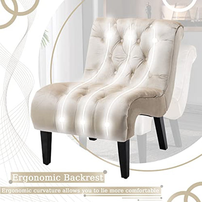 Comfy Velvet Accent Chair, Tufted Armless Side Chair with Rolled Edge | Modern Small Lounger for Living Room, Upholstered Reading Chaise Lounge with Solid Rubber Wood Legs, Beige - color: Beige, size: Set of 1