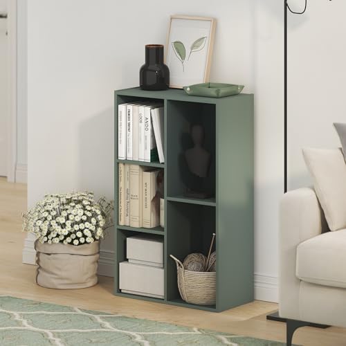 Furinno LUDER Book Shelf, 5-Cube Bookshelf, Reversible Bookcase, 9.4 x 19.5 x 31.5, Easy Assembly, for Living Room, Bedroom, Home Office, Sage Green - color: Sage Green, size: 5-Cube