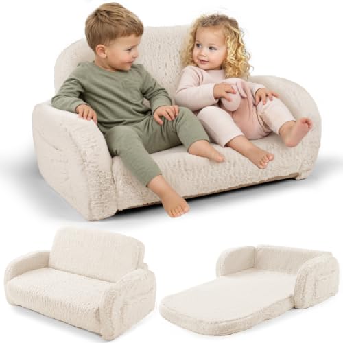 little dove 2-in-1 Sherpa Fold Out Kids Couch, Extra Wide Comfy Kid Chair, Convertible Kids Sofa, Foldable Kid Couch with High Density Foam for Boys & Girls, Beige - color: Beige
