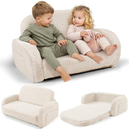 little dove 2-in-1 Sherpa Fold Out Kids Couch, Extra Wide Comfy Kid Chair, Convertible Kids Sofa, Foldable Kid Couch with High Density Foam for Boys & Girls, Beige - color: Beige