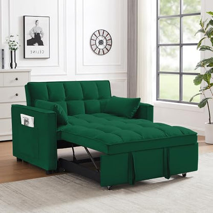 55" Pull Out Sleeper Sofa, Velvet Loveseat with Side Pockets, Green | Velvet upholstery, 5-level adjustable back, Pull-out bed design, Sturdy frame with side pockets - color: Green