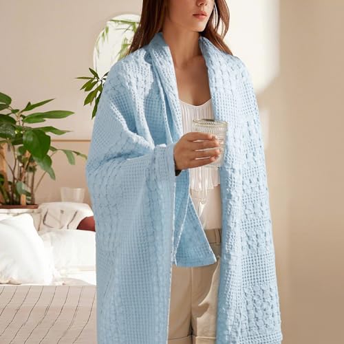 PHF 100% Cotton Waffle Weave Throw Blanket, Lightweight Breathable Summer Blanket for Couch Sofa, Pre-Washed Soft Throws for Bed, Office, Travel & Stylish Home Decor, 50"x60", Baby Blue - color: 23 Baby Blue, size: Throw(50"x60")