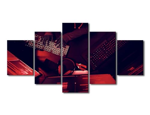 Hacker Working on Computer Wall Art Cyber Crime Wall Decoration for Living Room Data Protection Digitalsecurity Wall Paintings 5 Pcs Canvas Home Decor Artwork Wooden Framed Ready to Hang (60"Wx32"H) - color: Artwork-06, size: 60"Wx32"H