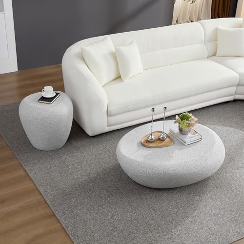 19.29" End Table Travertine Side Table with Grainy Matte Rocks Pattern, Modern Circle Faux Stone Fiberglass Small Coffee Sofa Table, No Need Assembly (Beige) - color: B-19.29" Rock Grey