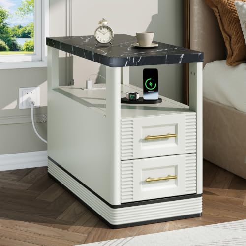 RECHHX Farmhouse End Table with Charging Station, Marble Tabletop Curved Side Table with 2 Storage Drawers for Small Space, White Wooden Nightstand for Living Room, Bedroom - color: White
