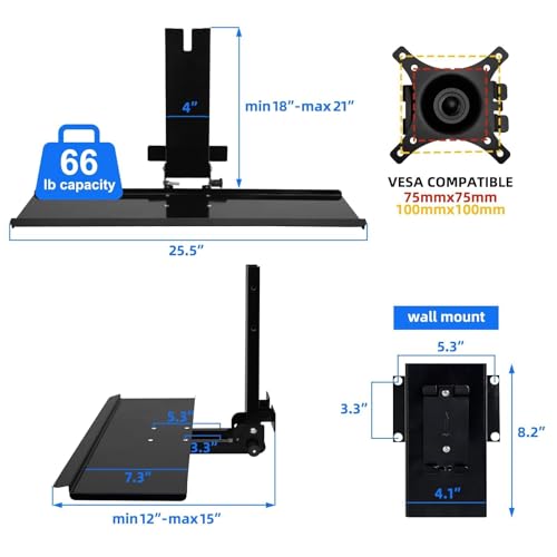 Monitor Wall Mount with Keyboard Tray and PC Wall Mount Set, Monitor and Keyboard Wall Mount Height Adjustable Fits 17"-32" Computer Screens, All in One PC Wall Mount with VESA Standard, 26" Wide Plat - color: Satin Black