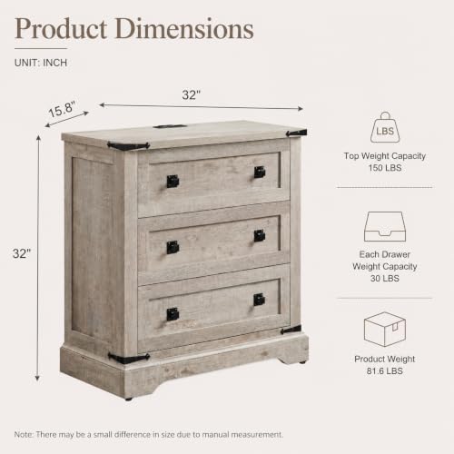 T4TREAM 32" Farmhouse 3 Drawer Dressers, Large End Table w/Charging Station | Rustic Wood Bedside Table for Bedroom, Living Room, Hallway, Light Rustic Oak - color: Light Rustic Oak, size: 15.8"D x 32"W x 32"H (3 Drawers)