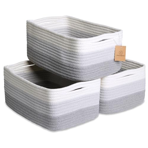 NaturalCozy 13.5”x8.5”x5.5” Rectangle Storage Baskets for Shelves 3 Pack | Cotton Rope Woven Small Baskets for Organizing | Small Storage Bins for Nursery, Bathroom, Closet, Shelf, Decorative - color: 3-Tone Gray, size: 13.5" x 8.5" x 5.5"