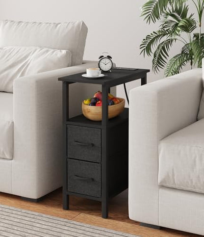 2 Set Narrow Side Table for Small Spaces, Skinny End Table with Charging Station, Sofa Beside Table with 2 Fabric Drawers and 1 Open Compartment, Slim Nightstand with USB Ports Outlet, Black UTBT004B2 - color: Black