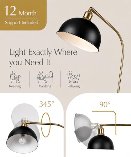 HarvestLand Halo Brass Floor Lamp with Adjustable Reading Light | Adjustable reading light, solid metal base, E26 bulb compatible. - color: Black Brass