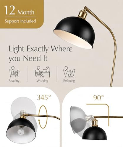 HarvestLand Halo Brass Floor Lamp with Adjustable Reading Light | Adjustable reading light, solid metal base, E26 bulb compatible. - color: Black Brass