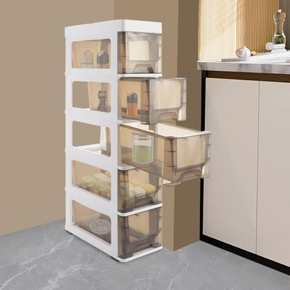 5 Drawers Storage Cabinet, Bathroom Narrow Slim Tower with Drawer & Wheels, Freestanding PP Organizer for Small Spaces, Vertical Storage for Toiletries Towels, White