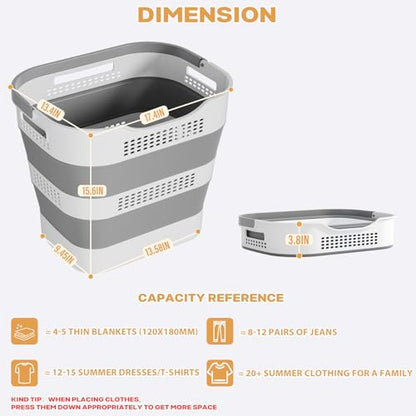 OOAMBB 43L+43L Collapsible Laundry Baskets plastic (Grey, 2 Packs) | Pop Up Laundry hamper/Storage Container, Foldable Laundry Basket with Handles, Durable,Space Saver