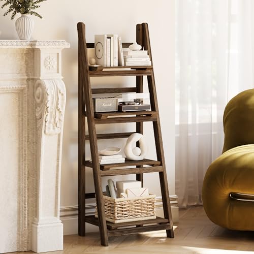 Ladder Shelf 4-Tier Foldable Solid Wood Bookshelf Plant Stand | Folding Wooden Ladder Bookshelf, Plant Stand for Small Space, Display Rack for Living Room, Bedroom, Balcony, Rustic Brown - color: 4-tier/Dark Brown