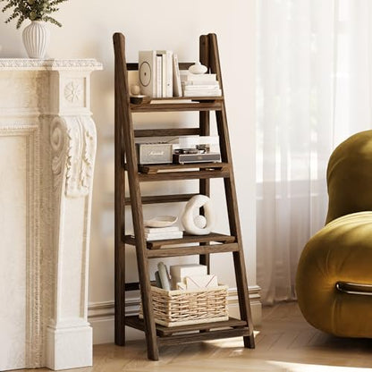 Ladder Shelf 4-Tier Foldable Solid Wood Bookshelf Plant Stand | Folding Wooden Ladder Bookshelf, Plant Stand for Small Space, Display Rack for Living Room, Bedroom, Balcony, Rustic Brown - color: 4-tier/Dark Brown