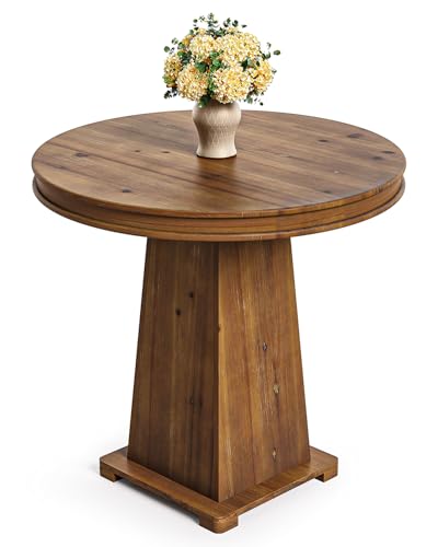 LITTLE TREE Solid Wood Round Dining Table, 31.5" Small Kitchen Table for 2, Modern Farmhouse Dinner Table for Dining Room, Kitchen, Living Room, Artistic Geometric Base, Table Only (Rustic Brown) - color: Rustic Brown