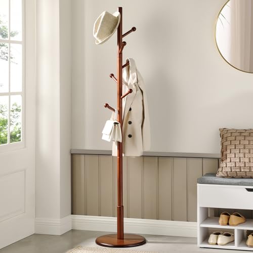 VASAGLE Solid Wood Coat Rack, Free Standing Hall Coat Tree with 7 Hooks, 3 Height Options, for Coats, Hats, Bags, Purses, for Entryway, Hallway, Rubberwood Hooks and Pole, Dark Walnut URCR07WN - color: Dark Walnut, style: Round Base + Spherical Hooks