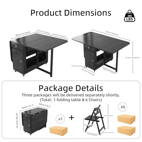 Folding Dining Table and Chairs - 59" Fully Assembled Drop Leaf Table 4-6 Seater with Storage and Lockable Wheels, Space-Saving Set with 6 Chairs for Kitchen or Dining Room (Black) - color: Black, size: 59.06″L Table & 6 Chairs