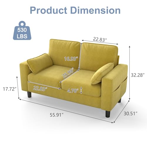 KINTNESS 56” Modern Loveseat Sofa, 2-Seater Sofa Couch with Deep Seat & Armrest Pillow, Sectional Sofa Loveseat for Bedroom, Living Room, Removable Covers, Ergonomic Height, Non-Slip, Yellow - size: 2 seater