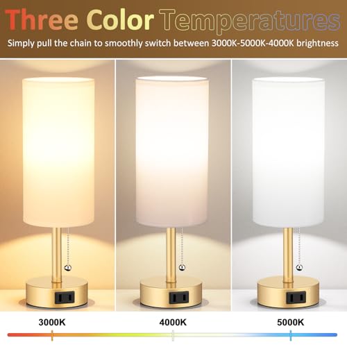 Gold Bedside Table Lamps Set of 2 - Bedroom Lamp for Desk, AC Outlet | 3CCT(3000K/4000K/5000K), LED Bulbs Included, White Fabric Lampshade, 14in Small Lamp for Nightstand, Guest Room, Living Room - color: Gold, size: 14.0in
