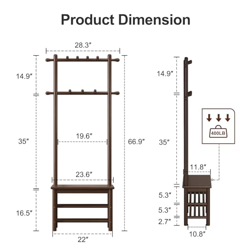 AQIMUELE Hall Tree, Coat Rack with Shoe Storage, Wooden Hall Tree with Bench, 11 Hooks and 2-Tier Storage Shelves, Entryway Bench with Coat Rack (23.6" - Deep Walnut) - color: Deep Walnut, size: 23.6"