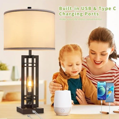 Set of 2 Farmhouse Table Lamps for Living Room,27-inch Bedside Lamps | White Shade Desk Lamps with USB A+C Ports, 3-Level Dimmable Touch Light, 4 LED Bulbs Included, Bedroom Home Office Nightstand - color: White
