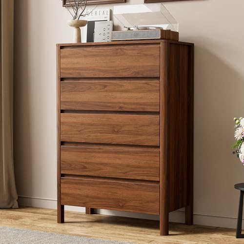 Walnut Dresser for Bedroom, 5 Drawer Dresser with Wood Legs, Tall Wood Dresser, Mid Century Modern Chest of Drawers, Large Storage Bedroom Furniture, Walnut - size: 15.7"D x 31.3"W x 45.6"H (5 Drawers)