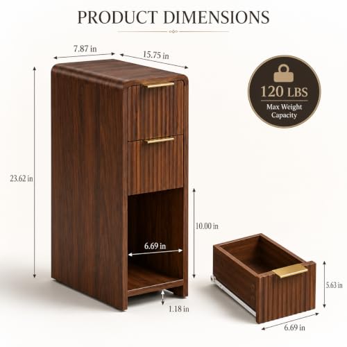 Fluted Slim Side Table with 2 Drawers and Bottom Open Shelf, Skinny End Table with Gold Handles, Walnut Narrow Accent Table for Living Room Bedroom