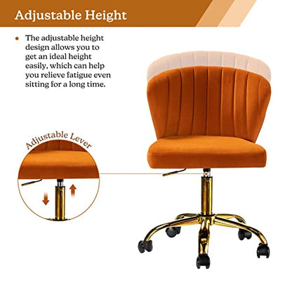 TINA'S HOME Office Desk Chairs with Wheels & Gold Base, Modern Velvet Cute Armless Office Chair, Adjustable Low Back Swivel Rolling Chair, Upholstered Task Chair for Living Room Vanity Study-Orange | Modern Velvet Cute Armless Office Chair, Adjustable Low