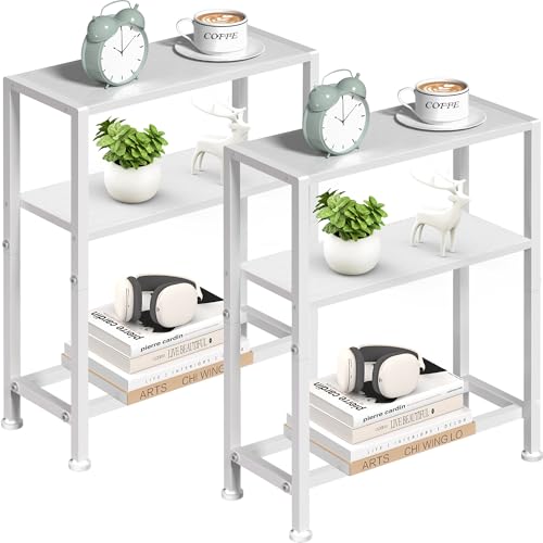 Narrow Side Table Set of 2 for Small Space, 2-Tier Small End Table with Shelf Holder, Slim Nightstand, Skinny Snack Couch Table in Living Room, Bedroom, Study, Kitchen and Balcony (White) - color: White