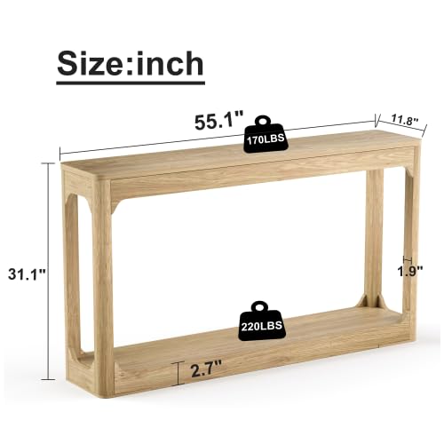 55.1" Console Table, Entryway Sofa Table for Hallway, Natural | Engineered wood, Slim console table, curved legs, 2-tier storage, entryway hallway sofa living room - color: Natural