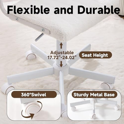 Office Chair Vanity Chair with Wheels | Comfy Desk Chair with Back | Cute Teddy Armless Adjustable Swivel Chair | Small Vanity Stool | for Bedroom Home Computer Task | White - color: White