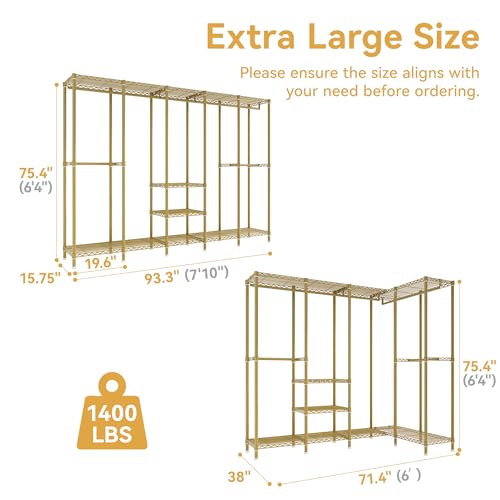 Higeego H5 Heavy Duty Clothes Rack, Freestanding Clothing Rack, Gold | 93.3"Wx15.7"Dx75.4"H, Large Garment Rack, Freestanding Clost Rack for hanging clothes, with Adjustable Shelf, Load 1400 lbs - color: Gold