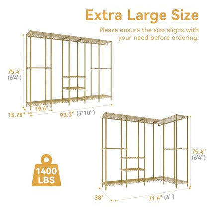 Higeego H5 Heavy Duty Clothes Rack, Freestanding Clothing Rack, Gold | 93.3"Wx15.7"Dx75.4"H, Large Garment Rack, Freestanding Clost Rack for hanging clothes, with Adjustable Shelf, Load 1400 lbs - color: Gold