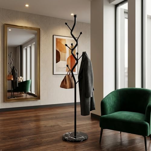 Black Tree Meta Coat Rack with Marble Base Freestanding Hall Tree | Multi-Hook Entryway Organizer for Hallway, Bedroom, Living Room (All Black) - color: All Black