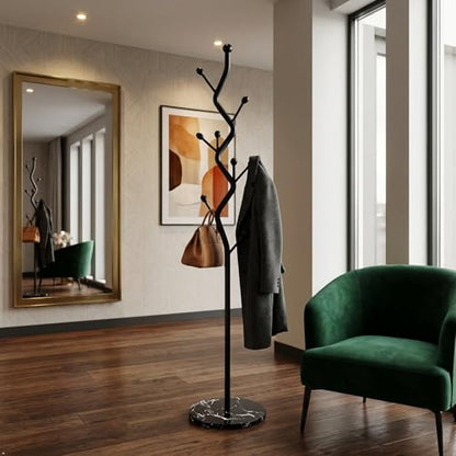 Black Tree Meta Coat Rack with Marble Base Freestanding Hall Tree | Multi-Hook Entryway Organizer for Hallway, Bedroom, Living Room (All Black) - color: All Black