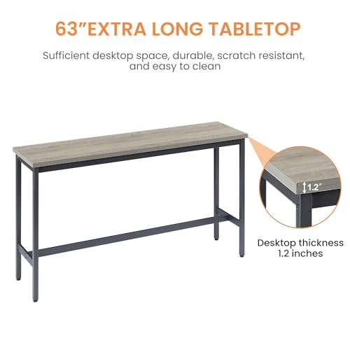 63” Long Bar Table Set for 3, Counter Height Industrial Pub Table with 3 PU Upholstered Bar Stools, Space-Saving Kitchen Breakfast Table and Chairs for Small Spaces, Rustic Gray and Black - color: Grey, style: Long bar table with stools/bar table set for