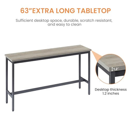 63” Long Bar Table Set for 3, Counter Height Industrial Pub Table with 3 PU Upholstered Bar Stools, Space-Saving Kitchen Breakfast Table and Chairs for Small Spaces, Rustic Gray and Black - color: Grey, style: Long bar table with stools/bar table set for