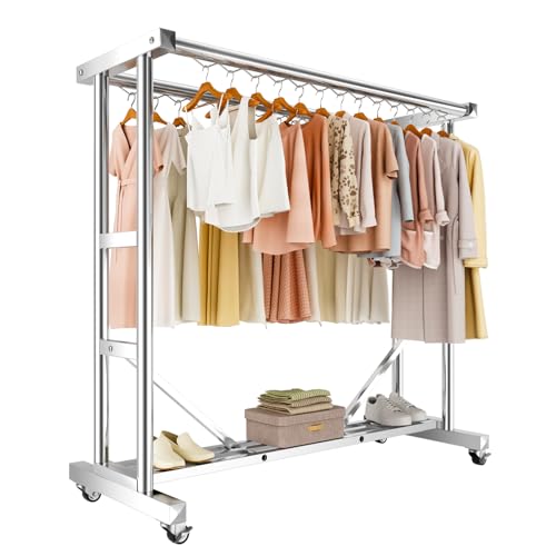 Heavy Duty Clothes Rack, Thickened Stainless Steel Frame, Silver | Thickened stainless steel frame, high load capacity, home & commercial, rust-resistant, stable without wobbling - color: Silver