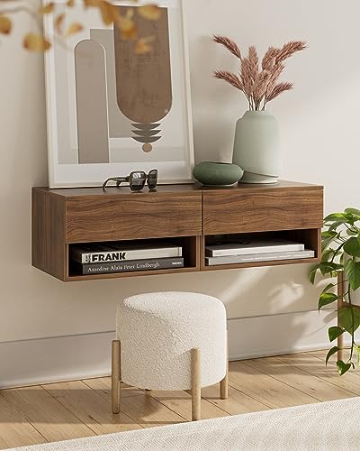 Modern Walnut Floating Nightstand with Drawer, Small Wall Mount Shelves | Small Space Saver, Modern Minimalist Design, Wall Mounted Shelves, for Bedroom, Bathroom, Living room, Easy Assembly, Walnut - color: Brown Walnut