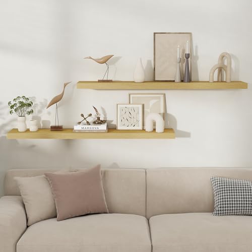 Fun Memories Floating Shelves for Wall, 48 Inch Long Set of 2 Rustic Wood Wall Shelves with Invisible Brackets, Heavy Duty Storage Display for Living Room Bedroom Kitchen, Oak - color: Oak, size: 48"W x 8"D, Set of 2