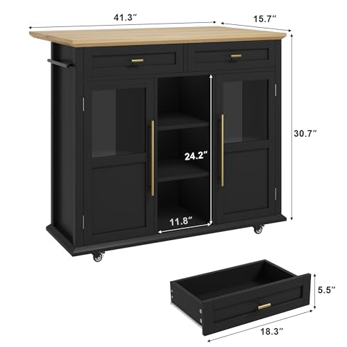 GAOMON 41" Rolling Kitchen Island Cart with Drop Leaf - Mobile Storage Cart 41" W x 16" D, Expandable Kitchen Island for Small Spaces, Farmhouse Style for Dining Room & Kitchen (Black and Natural)