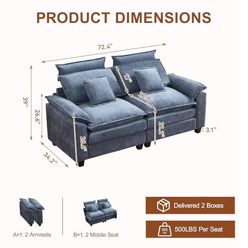 72'' Cloud Deep Seat Loveseat, Modular 2 Seater Sectional Couch with Detachable Headrest, Modern Love Seat Sofas for Living Room, Apartment, Blue - color: Blue, size: Loveseat