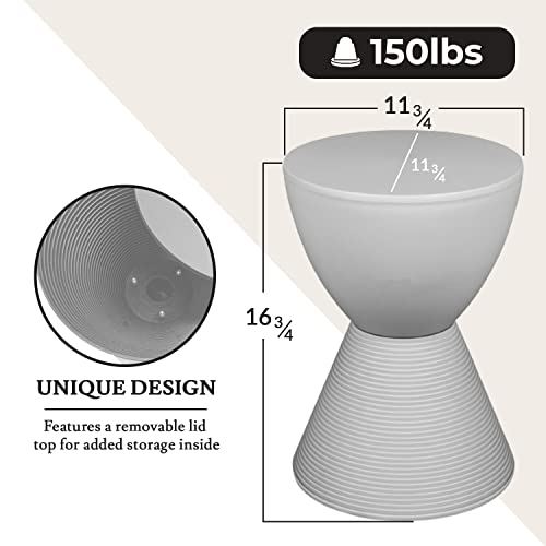 LeisureMod Side Table Modern ABS Ribbed Hourglass End Table Compact Accent Drum Table with Removable Lid for Storage Indoor and Outdoor Use 16.75" H x 11.75" W x 11.75" D Boyd Series in Light Grey - color: Light Grey