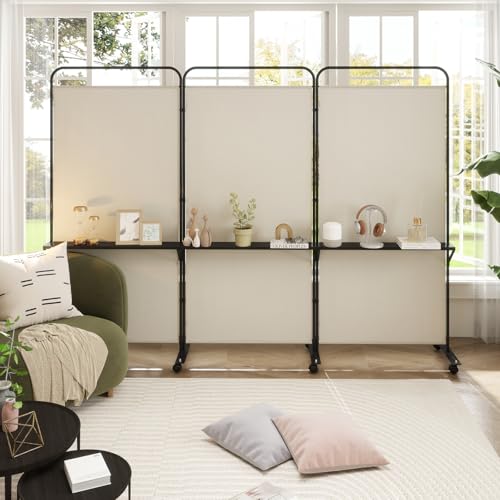 GOFLAME 3 Panel Room Divider with Storage Shelves, 6FT Folding Privacy Screen with Lockable Wheels, Portable Rolling Wall Divider, Freestanding Partition Screen for Room Separation, Beige - color: Beige