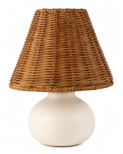 11" Small Table Lamp – Handmade Ceramic Cream Base with Wicker Rattan Shade, Dimmable Plug-in Nightstand Light for Bedroom, Kitchen Counter, or Small Spaces – Boho Japandi Organic Decor - color: Natural Woven Rattan Shade