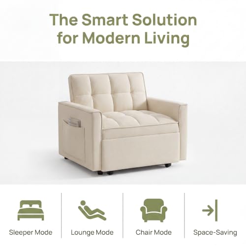 Sleeper Chair with Pull Out Bed, 3 In1 Convertible Couch Bed, White | Adjustable Backrest,Soft Cushioning,Handy Side Pocket - color: D-white-g5