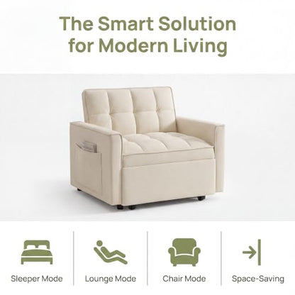 Sleeper Chair with Pull Out Bed, 3 In1 Convertible Couch Bed, White | Adjustable Backrest,Soft Cushioning,Handy Side Pocket - color: D-white-g5