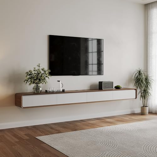 POVISON Fully-Assembled Minimalist Floating TV Stand, Modern Wall-Mounted Entertainment Center with 4 Flip-Down Cabinet Doors, Solid Wood Media Console, 110.24" - color: Walnut & White, size: 110.24"